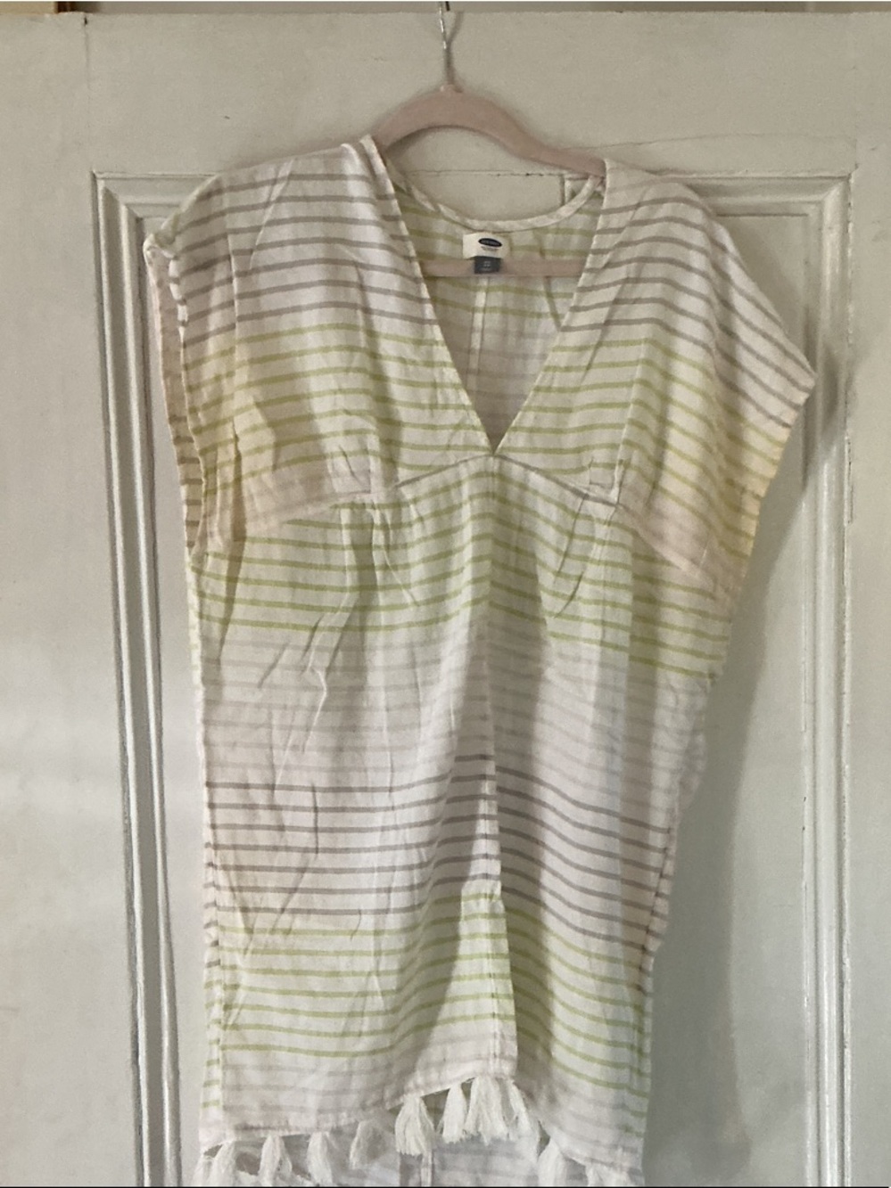 Old Navy White Tunic with Light Green Stripes and Tassel Hem
